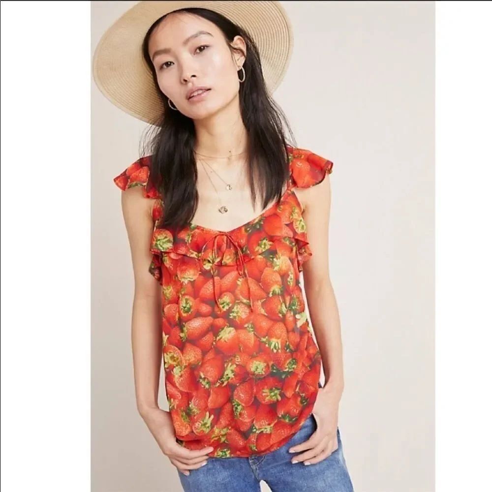 ANTHROPOLOGIE | Strawberry Ruffle Tank Top Size 12